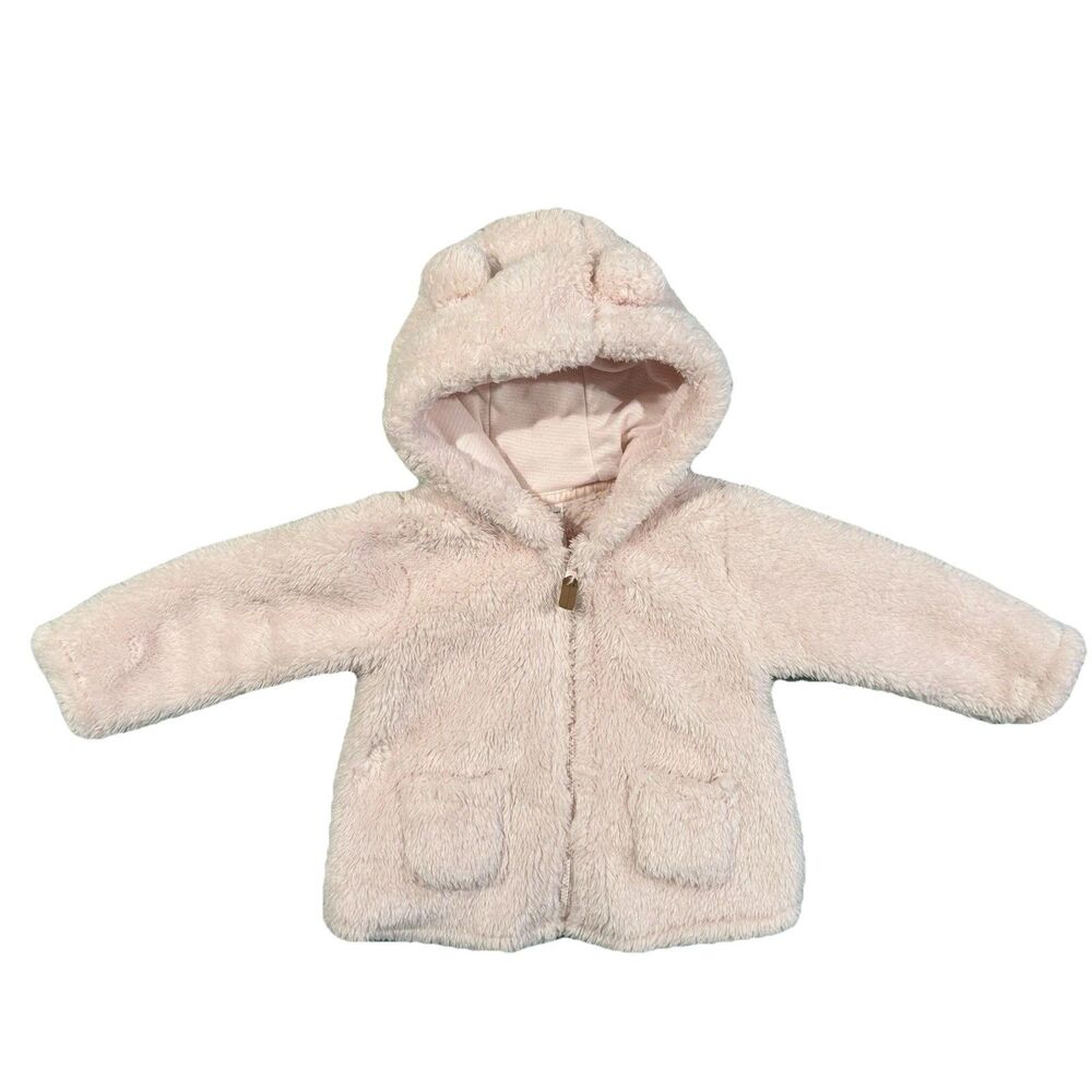 Carters Baby Girl 12M Bear Ears Light Pink Hooded Sherpa Fleece Jacket Coat EUC